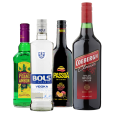 Pisang Ambon, Passoã,
Bols vodka fles à 700 ml
of Coebergh fles à 1000 ml